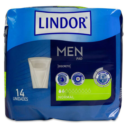 Absorbente Incontinencia Orina Ligera Lindor Men Pad Normal 2 Gotas 14 Unidades