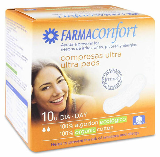 Compresas 100%algodon Farmaconfort Ultrafinas Dia Alas 10 Unidades