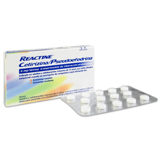 Reactine cetirizina/pseudoefedrina 5 mg/120 mg 14 comprimidos liberacion prolongada
