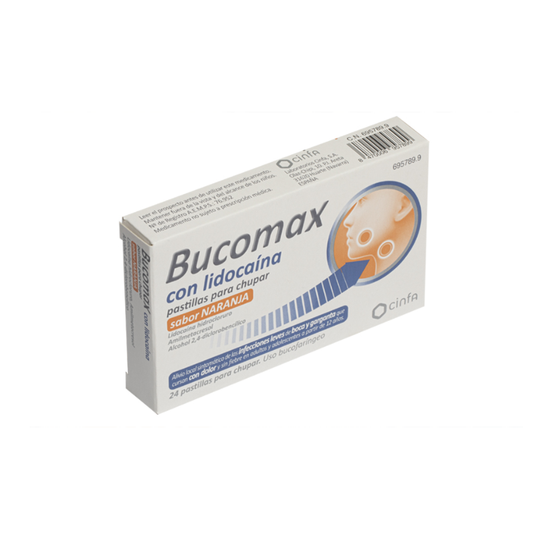 BUCOMAX CON LIDOCAINA 24 PASTILLAS PARA CHUPAR (SABOR NARANJA)
